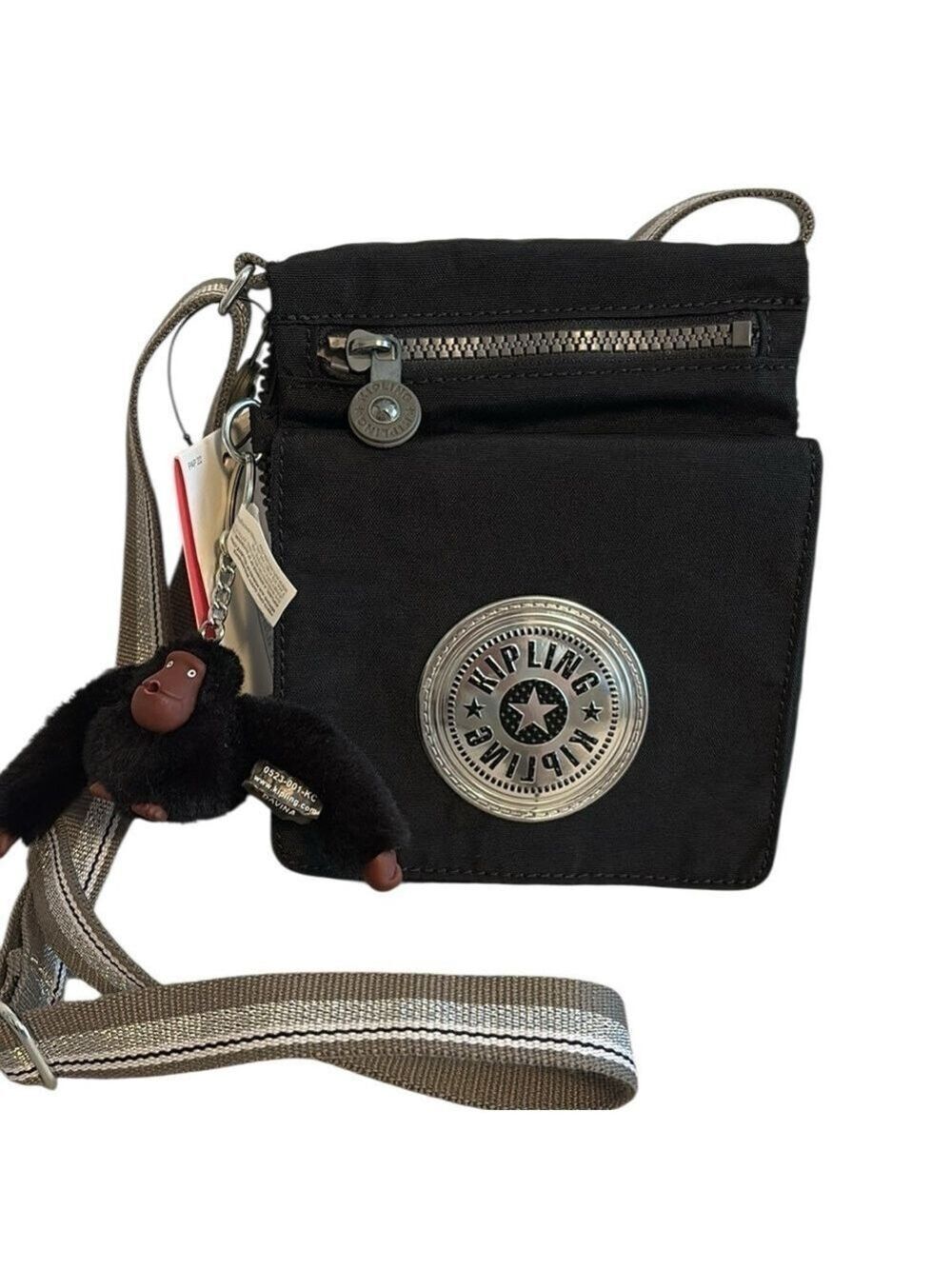 Kipling Crossbody Bag Silver Stripe Strap Multi Pocket Monkey Keychain Black New